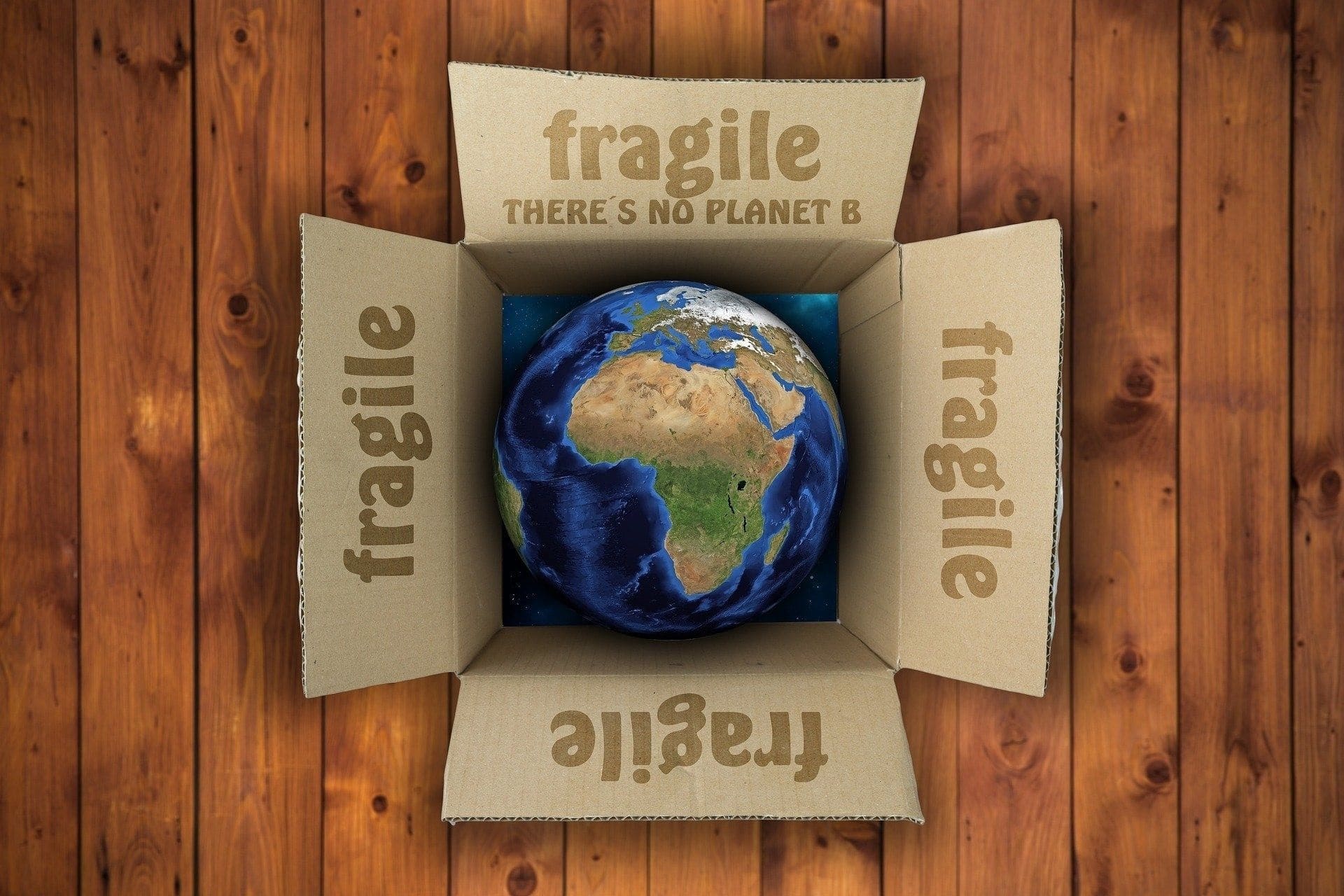 e-commerce international globe terrestre dans un carton ouvert avec écrit "fragile"